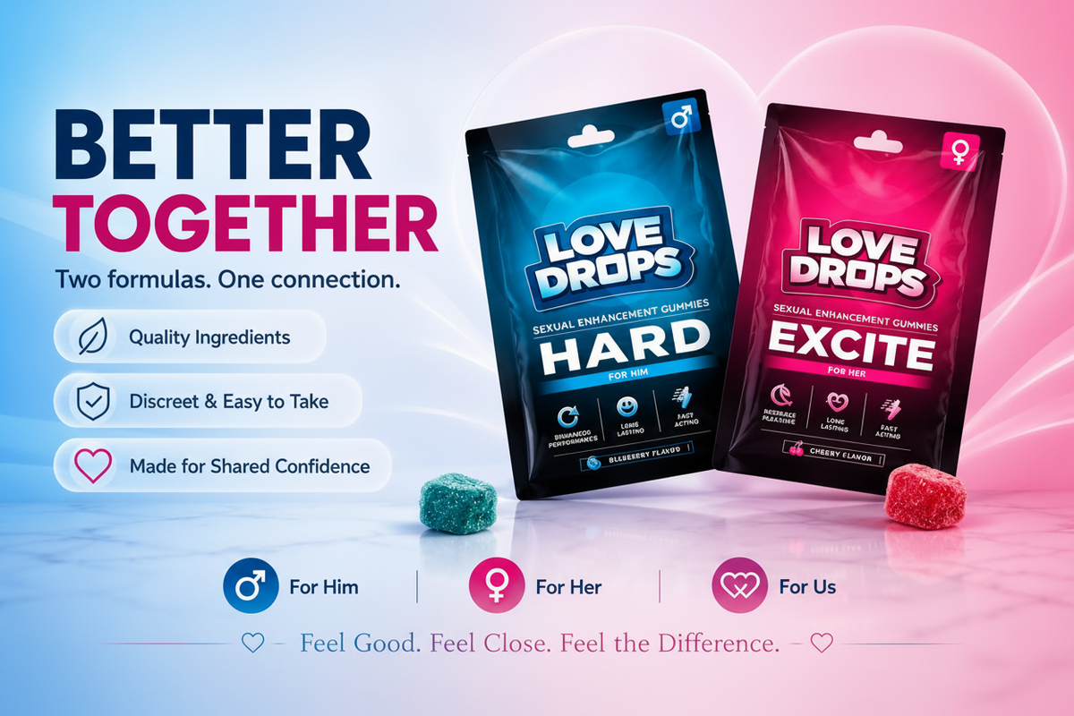 Two bags of Love Drops sexual enhancement gummies, one blue 'HARD' and one pink 'EXCITE', displayed on a pink and blue gradient background with marketing text and icons.